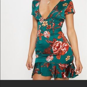 Emerald Green Criss Cross Back Frill Hem Dress